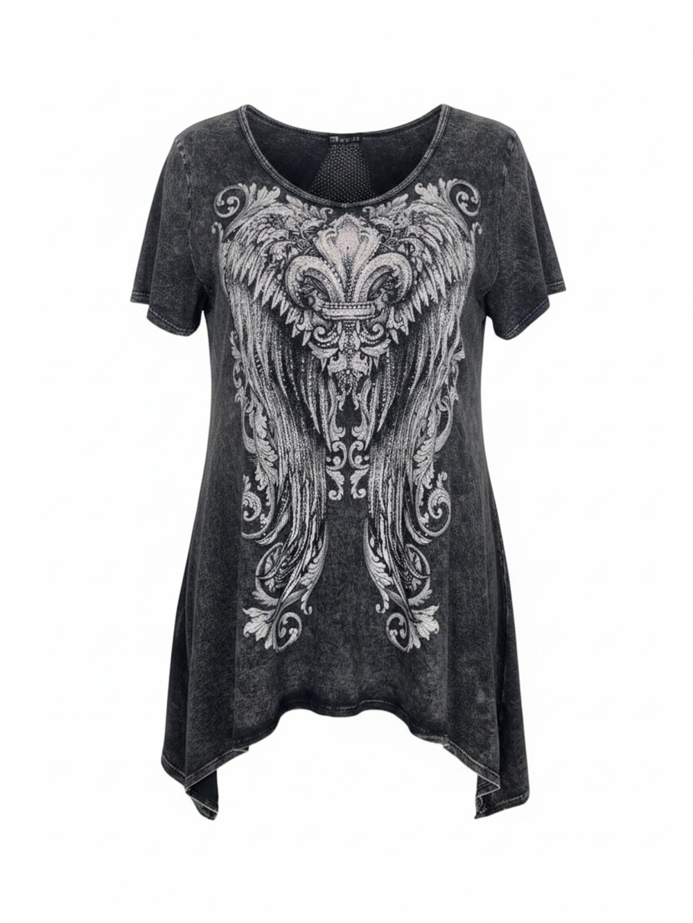 Vocal Washed Black Short Sleeve Tunic with White Angel Wing Graphic